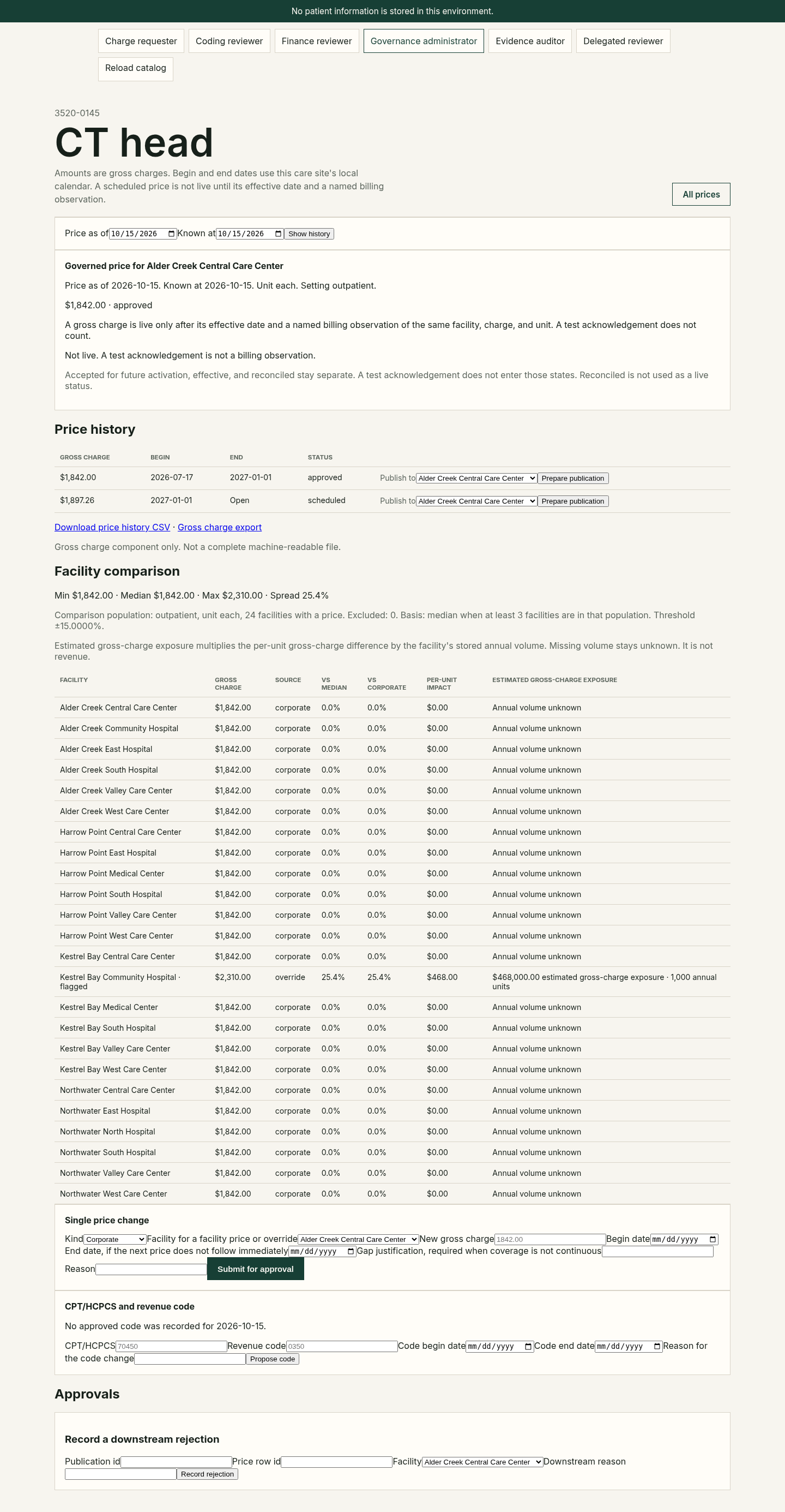 CT head 3520-0145 price detail with corporate price, scheduled increase and facility variance flag
